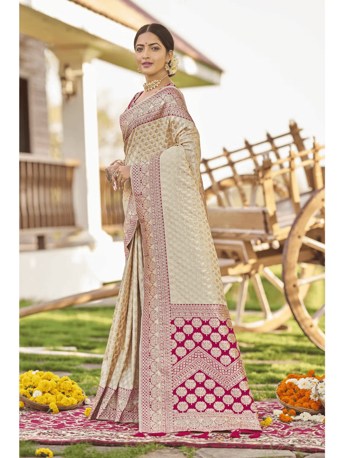 Off White and Pink Banarasi Silk Saree with Unstitched Blouse – Vegan Festive Wear for Women - aromie