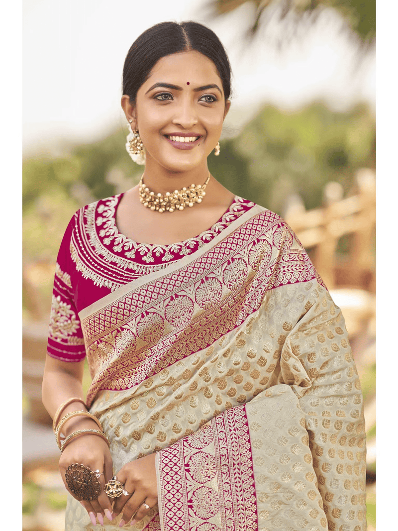 Off White and Pink Banarasi Silk Saree with Unstitched Blouse – Vegan Festive Wear for Women - aromie