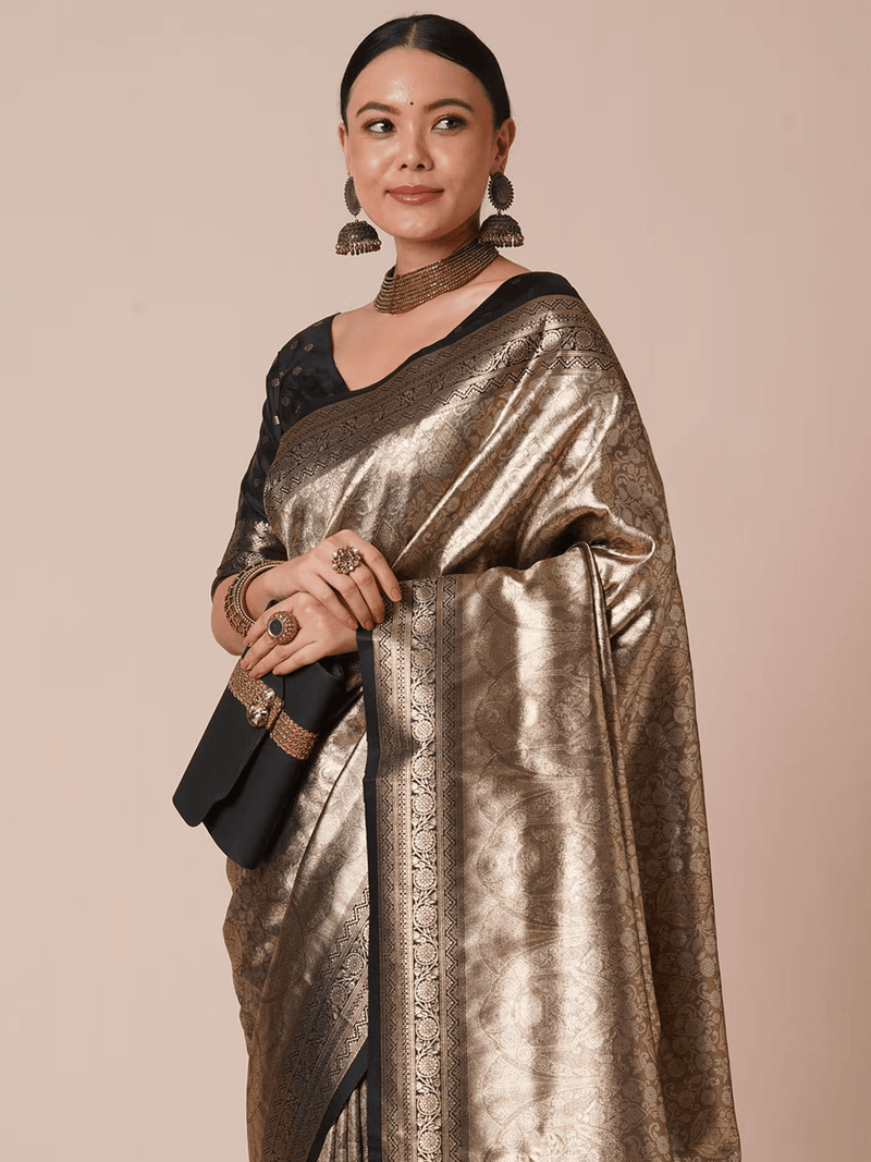 Olive and Black Kanjeevaram Saree with Zari Weaving – Unstitched Blouse Included - aromie