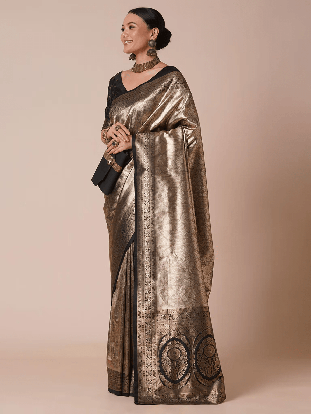 Olive and Black Kanjeevaram Saree with Zari Weaving – Unstitched Blouse Included - aromie