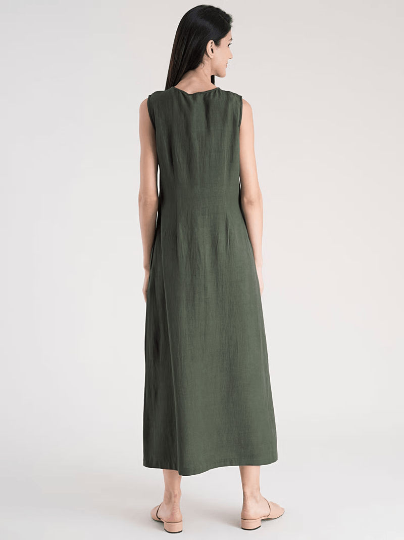 Olive Green Cotton Flax A - Line Maxi Dress – Sleeveless V - Neck Casual Dress with Pockets - aromie