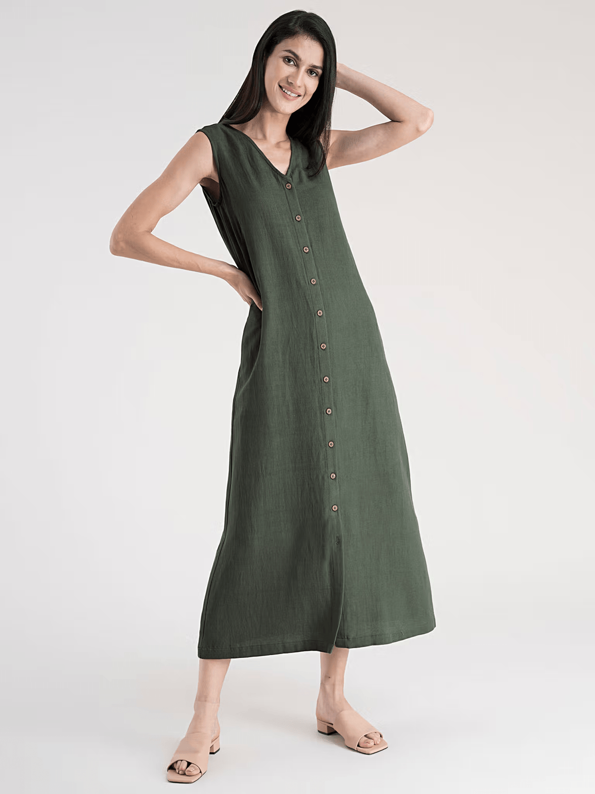 Olive Green Cotton Flax A - Line Maxi Dress – Sleeveless V - Neck Casual Dress with Pockets - aromie