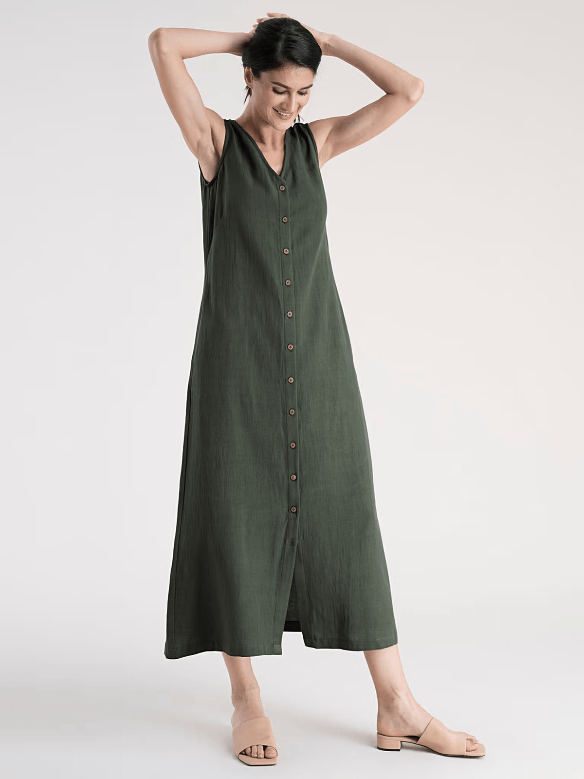 Olive Green Cotton Flax A - Line Maxi Dress – Sleeveless V - Neck Casual Dress with Pockets - aromie