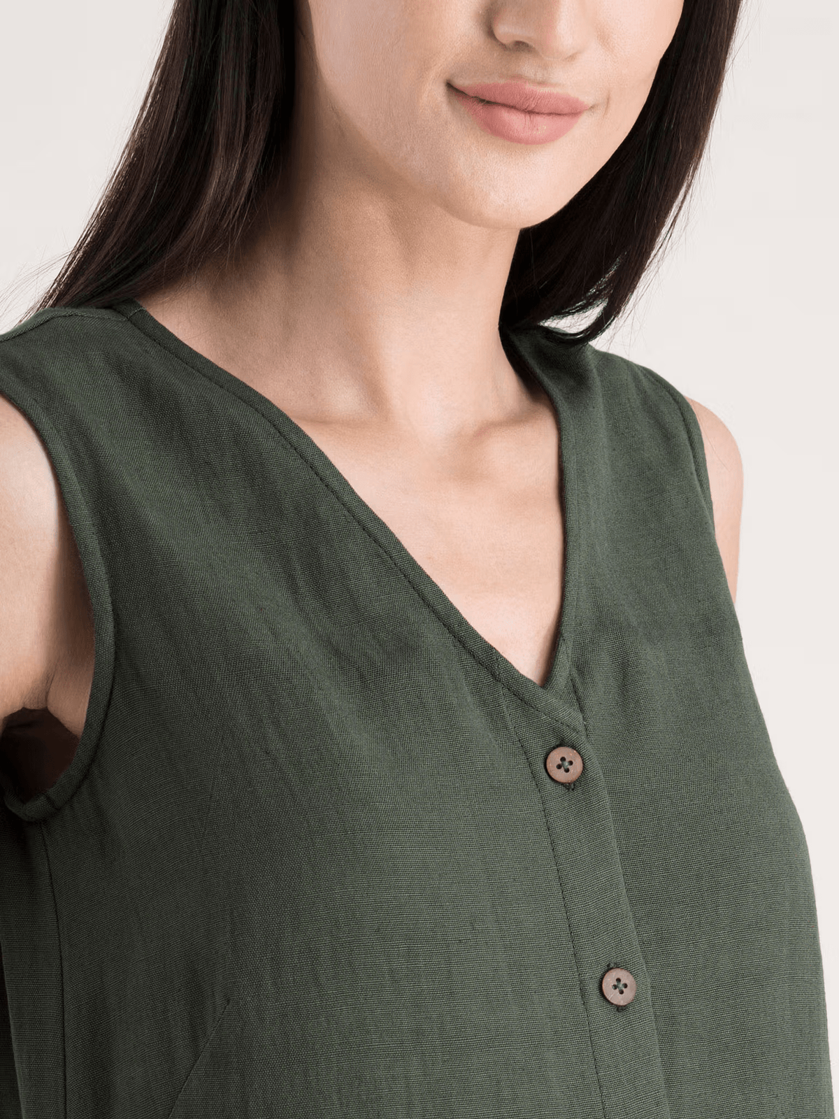 Olive Green Cotton Flax A - Line Maxi Dress – Sleeveless V - Neck Casual Dress with Pockets - aromie