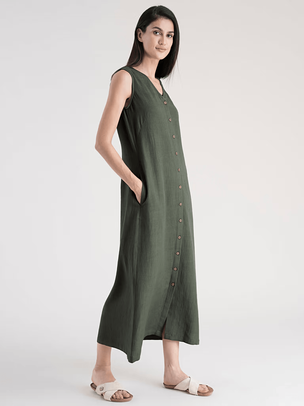 Olive Green Cotton Flax A - Line Maxi Dress – Sleeveless V - Neck Casual Dress with Pockets - aromie