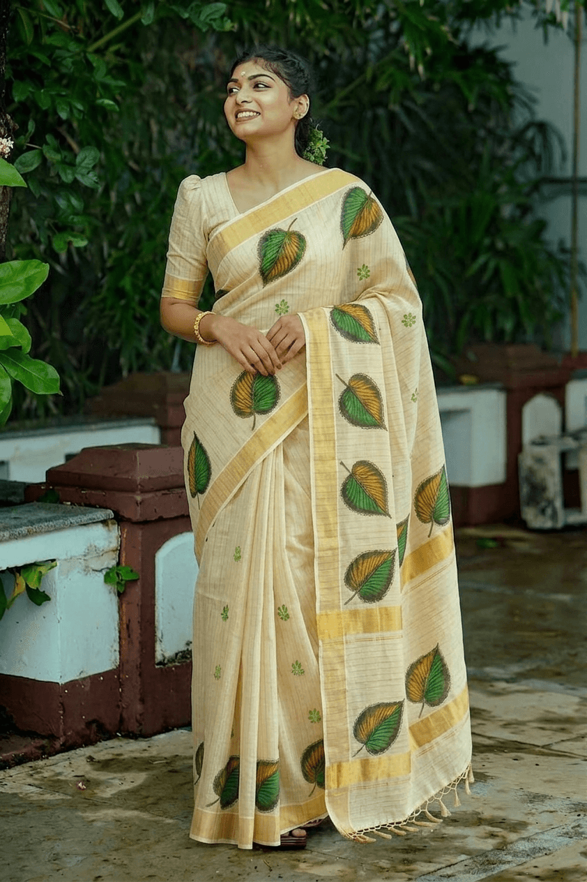 Beige Onam Saree Canada with leaf motifs, made from lightweight fabric, perfect for festive celebrations