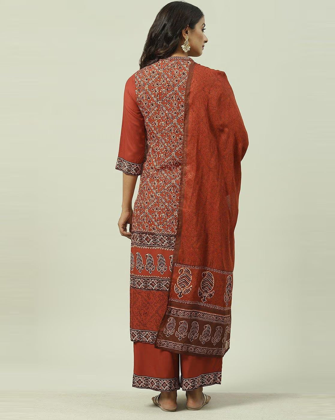 Back view of Orange Geometric Angrakha Anarkali Kurtha set with intricate patterns and stylish design
