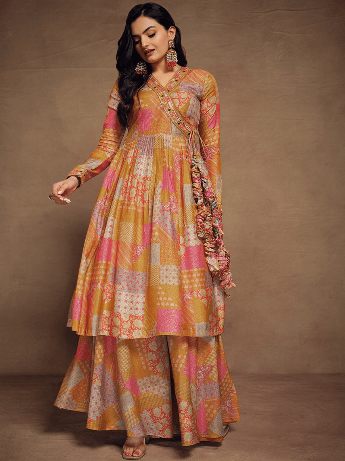 Aromie Orange Geometric Angrakha Anarkali with Long Sleeves and Flared Skirt for Festive Wear