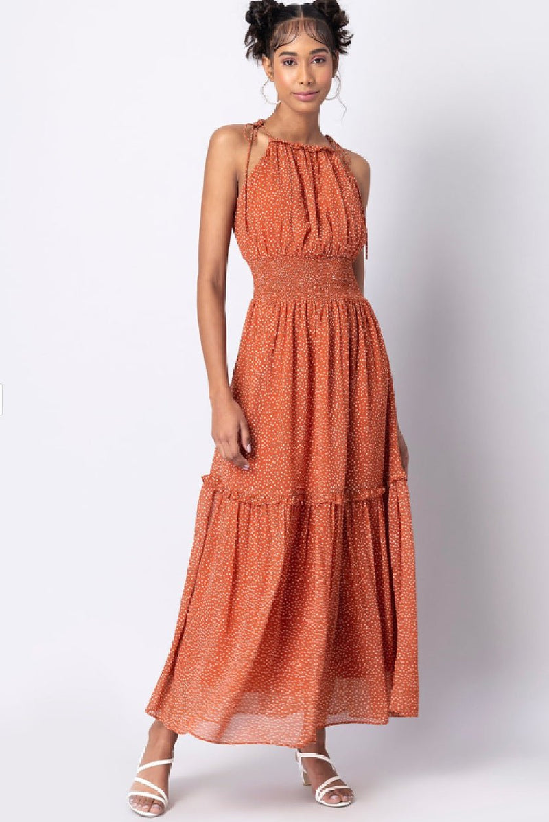 Orange Polka Dot Maxi Dress – Sleeveless Georgette Summer Dress with Shoulder Straps - aromie