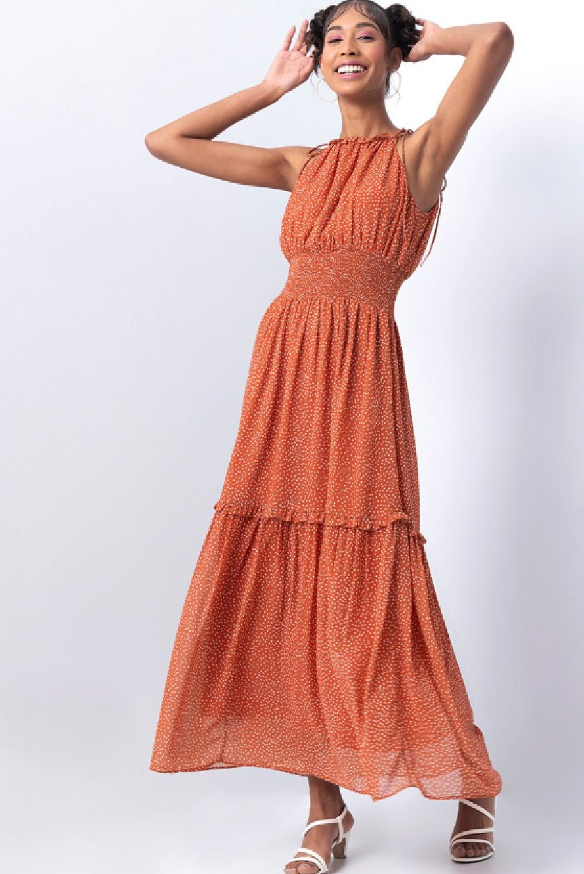 Orange Polka Dot Maxi Dress – Sleeveless Georgette Summer Dress with Shoulder Straps - aromie