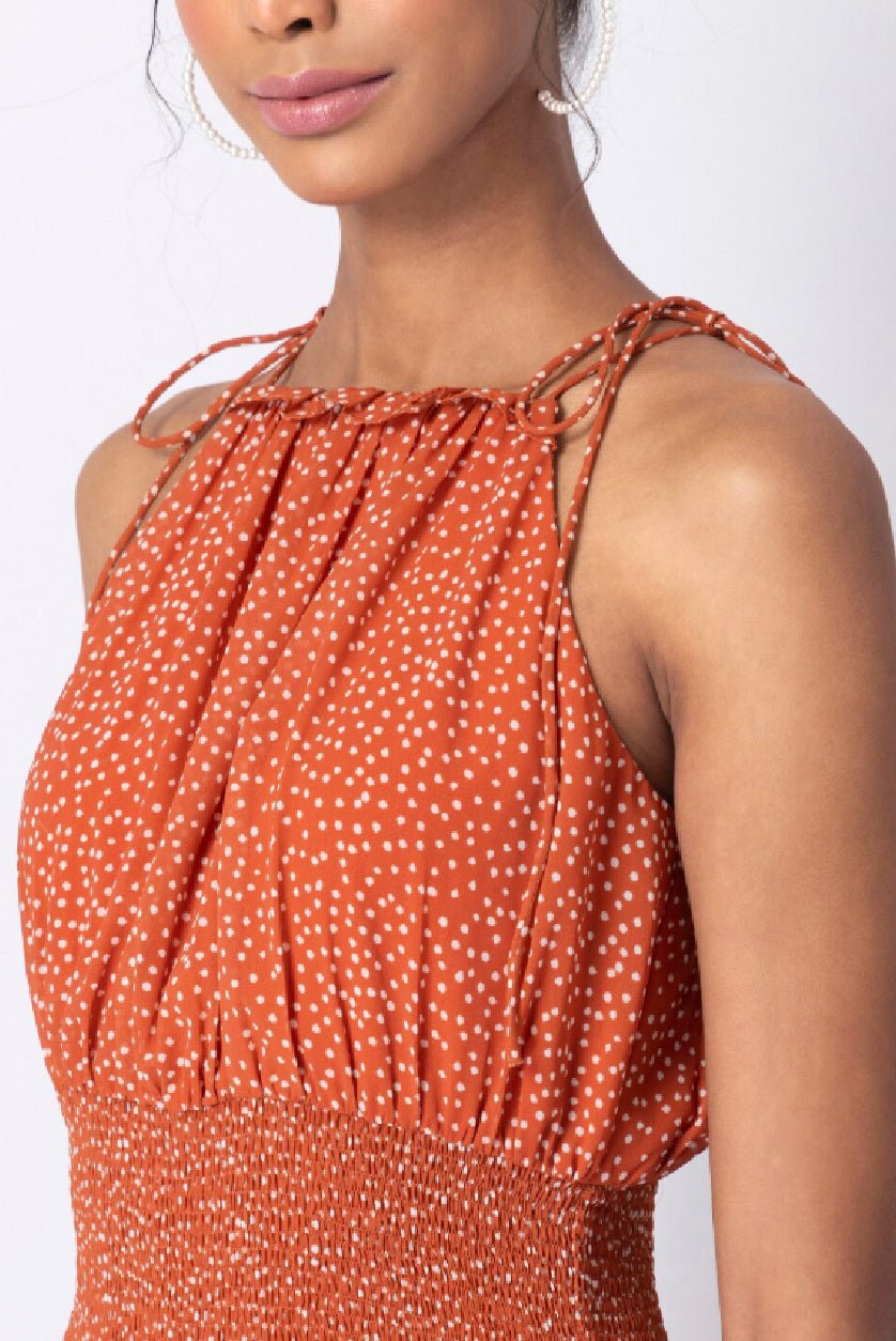 Orange Polka Dot Maxi Dress – Sleeveless Georgette Summer Dress with Shoulder Straps - aromie