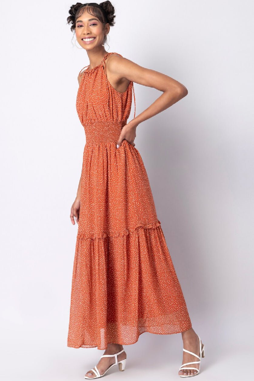 Orange Polka Dot Maxi Dress – Sleeveless Georgette Summer Dress with Shoulder Straps - aromie