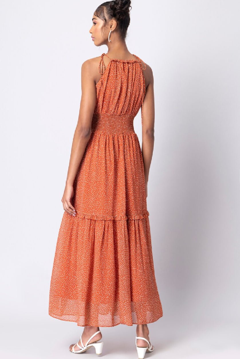 Orange Polka Dot Maxi Dress – Sleeveless Georgette Summer Dress with Shoulder Straps - aromie