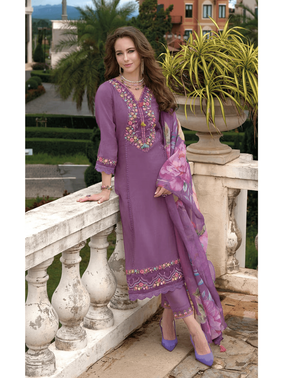 Orchid Floral Embroidered Viscose Kurta Set with Pant and Dupatta – Elegant Festive Outfit for Women - aromie