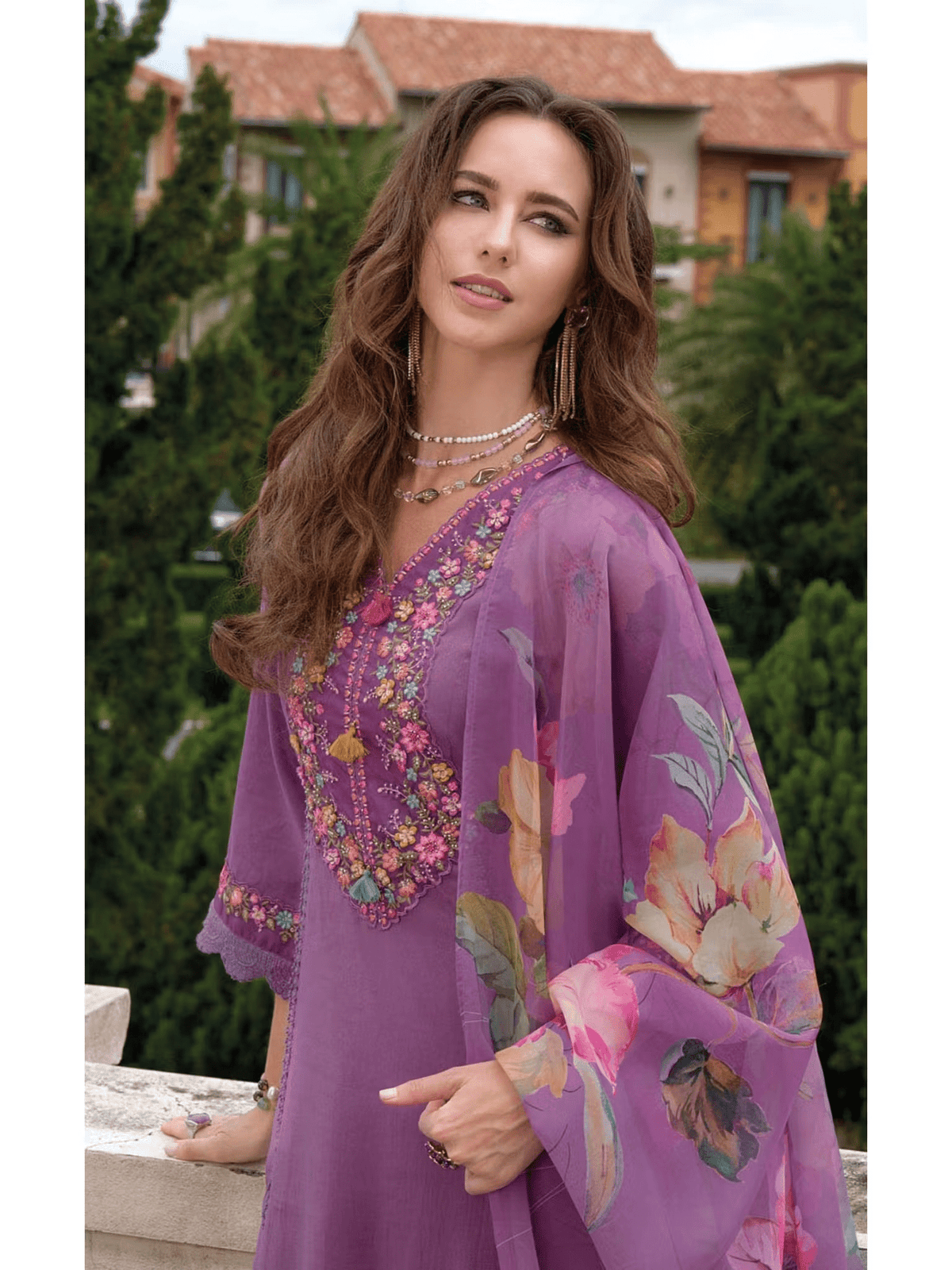 Orchid Floral Embroidered Viscose Kurta Set with Pant and Dupatta – Elegant Festive Outfit for Women - aromie