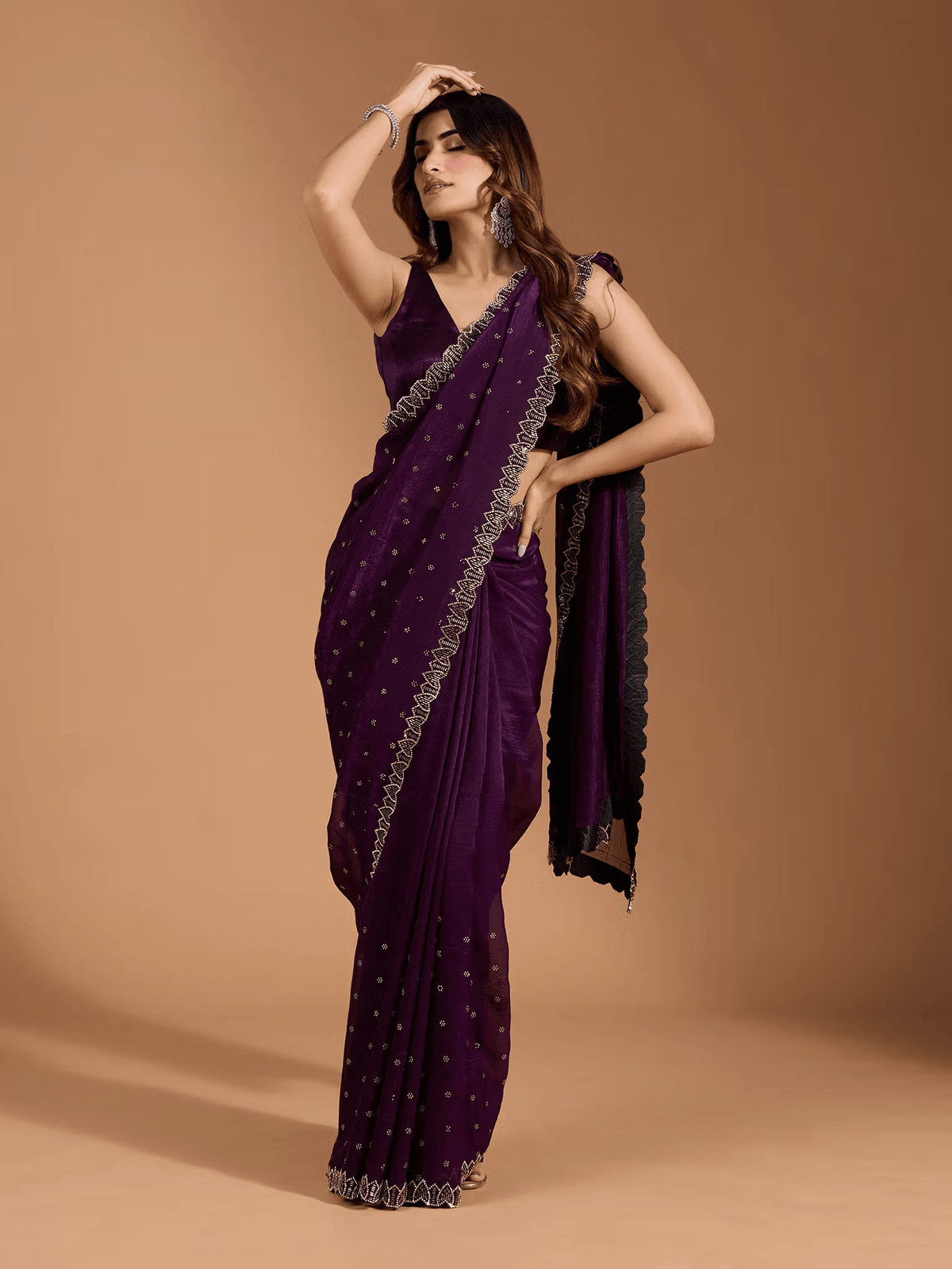 Organza Saree with Scallop Border and Stone Work – Party Wear with Unstitched Blouse - aromie