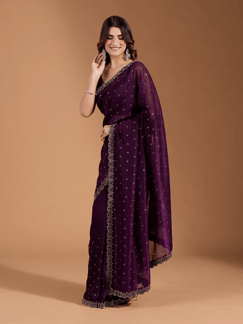Organza Saree with Scallop Border and Stone Work – Party Wear with Unstitched Blouse - aromie