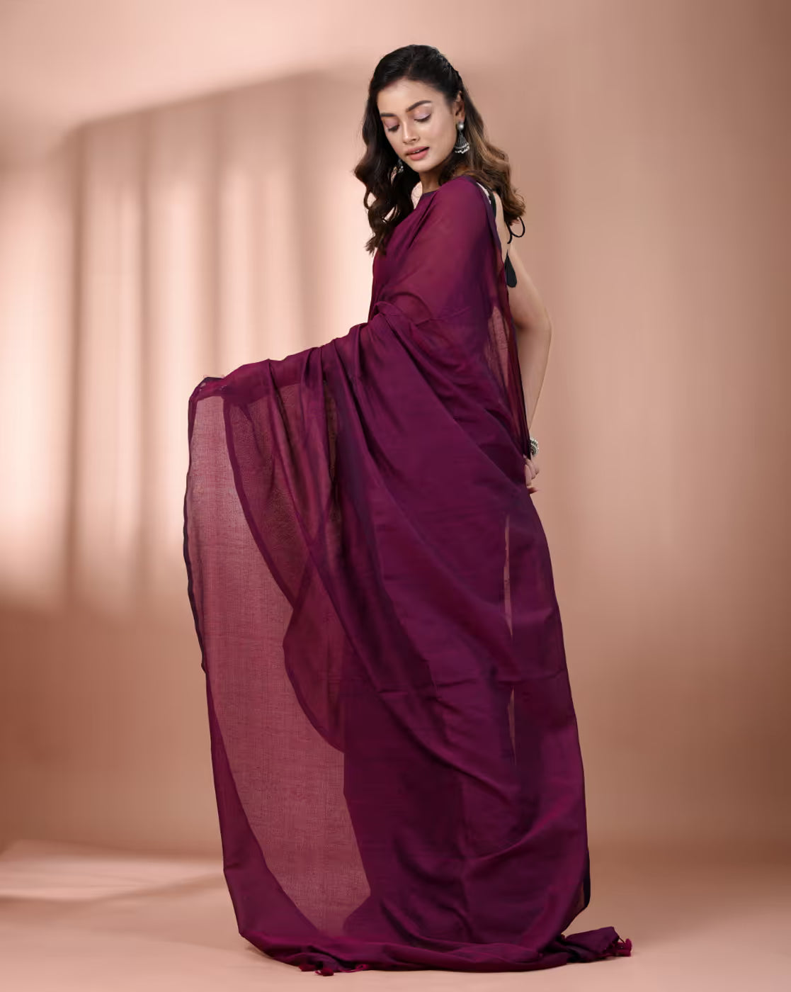 Elegant burgundy organza saree with stone work, perfect for special occasions in Canada