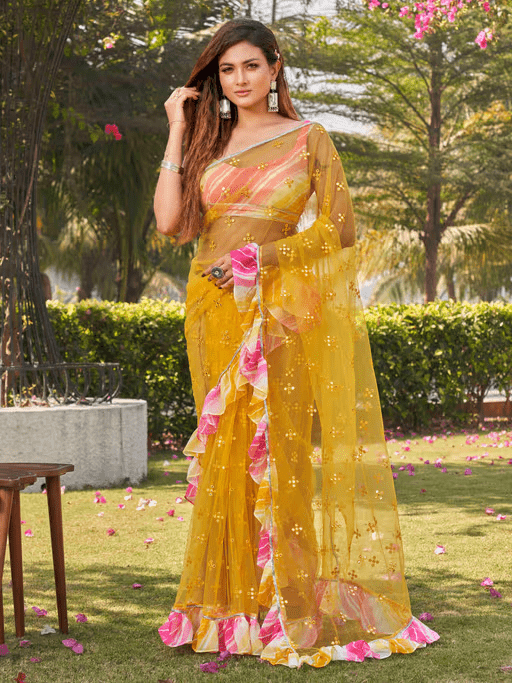 Party Net Saree with Ruffles & Faux Mirror – Unstitched Blouse Included - aromie