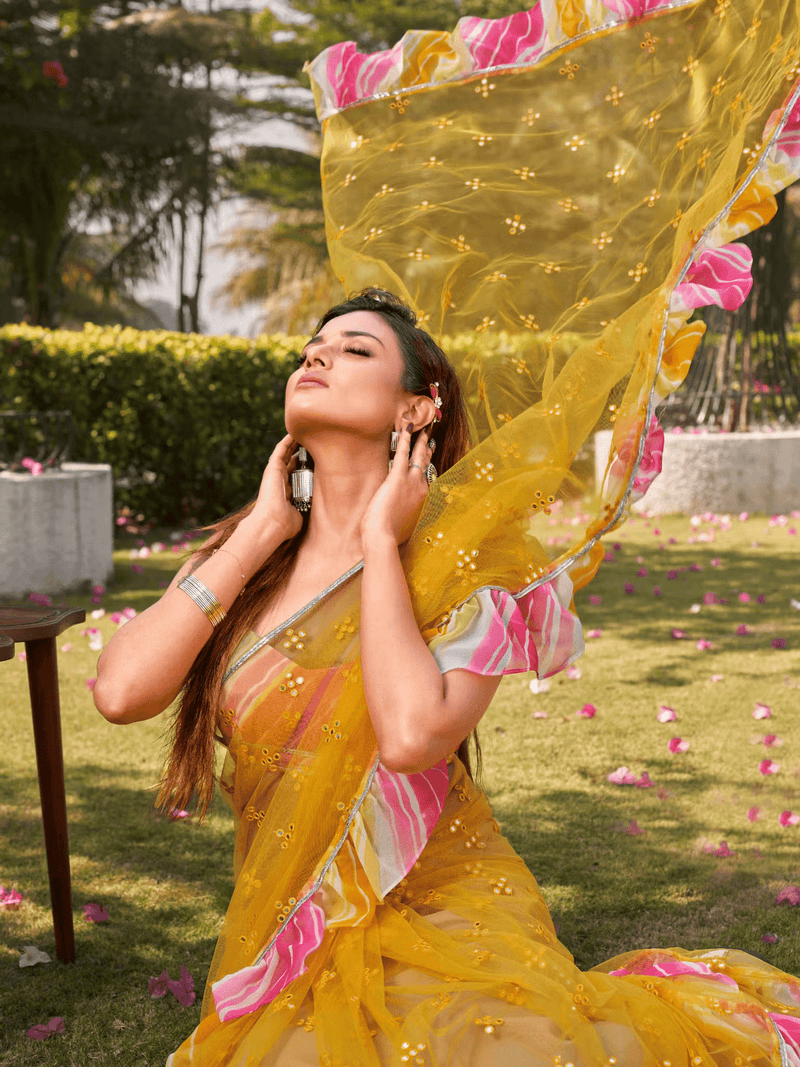 Party Net Saree with Ruffles & Faux Mirror – Unstitched Blouse Included - aromie