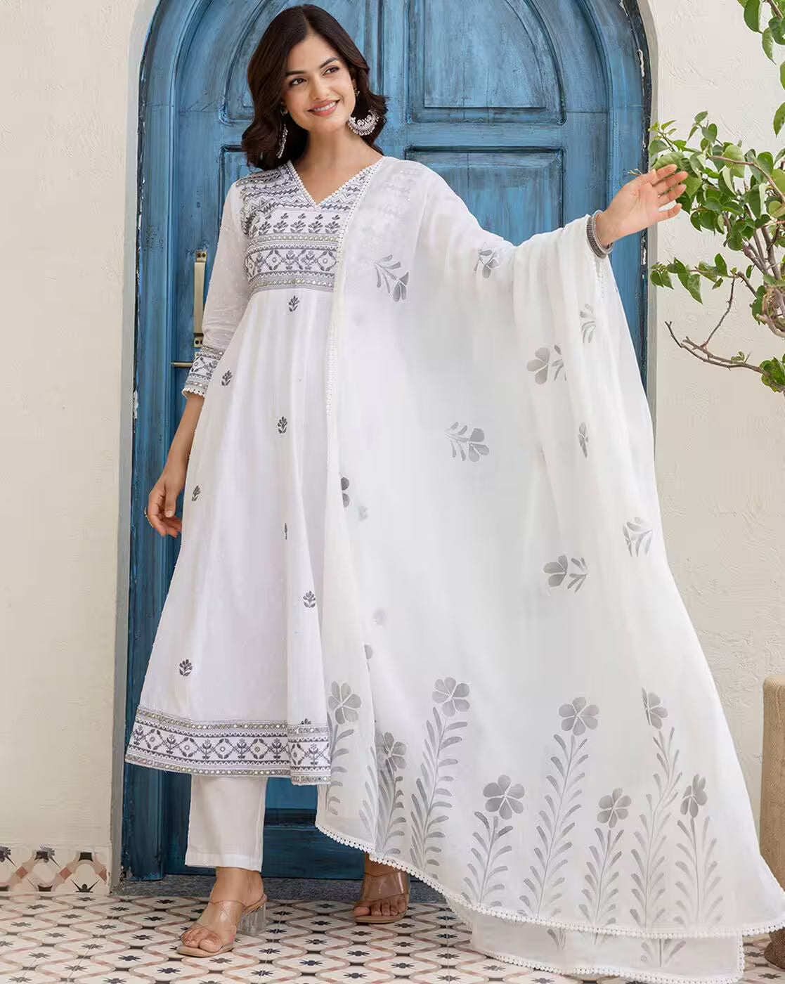 White Party Wear Anarkali Dress USA in lightweight fabric with floral embroidery, suitable for festive occasions