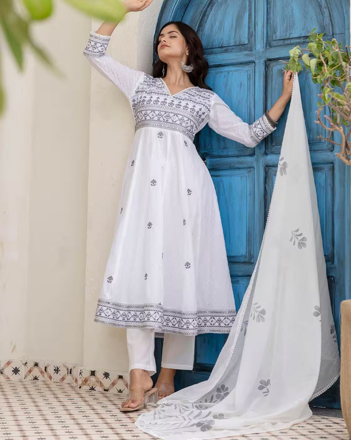 White Party Wear Anarkali Dress USA with intricate embroidery, paired with a matching dupatta for festive occasions