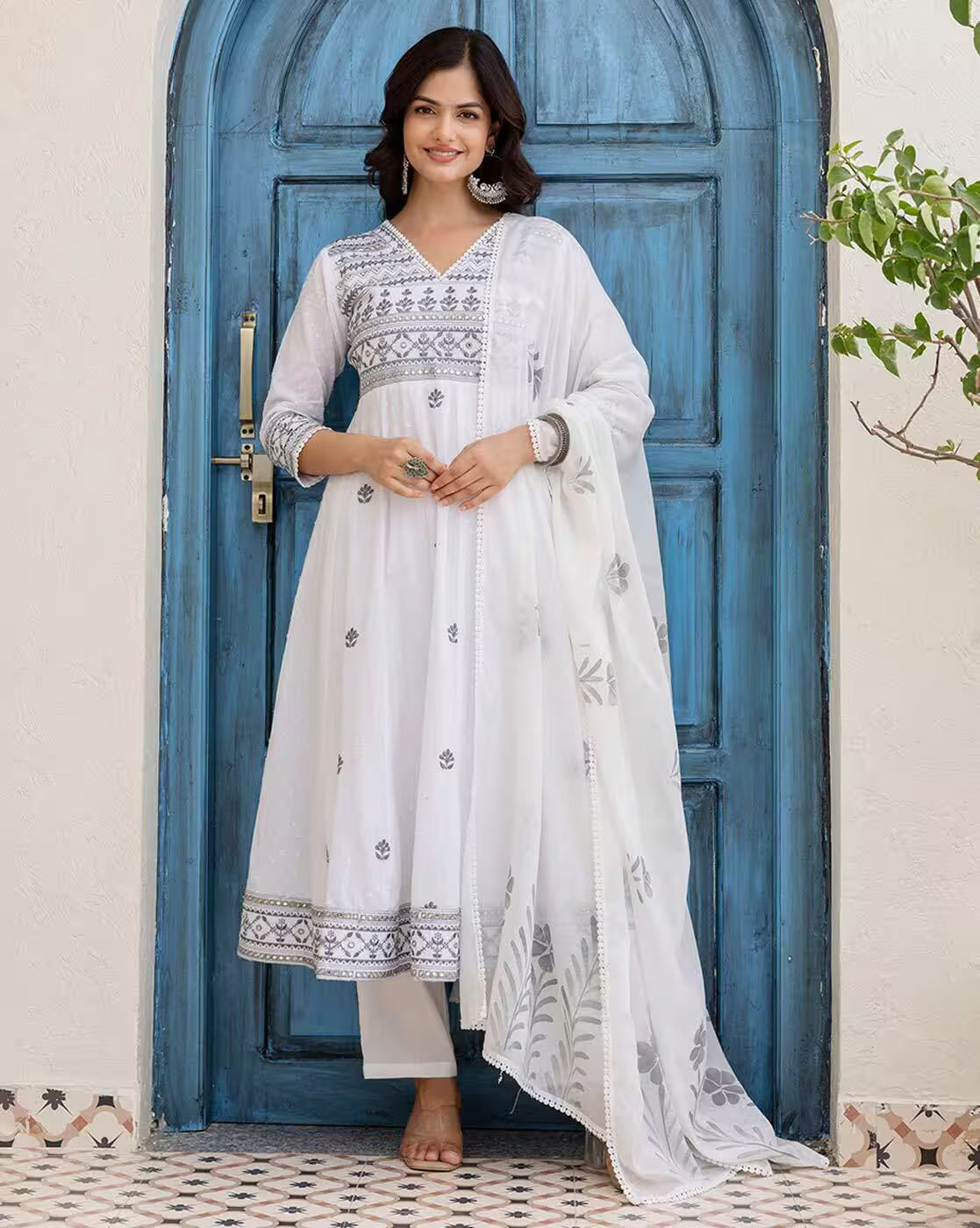 White Party Wear Anarkali Dress USA in lightweight fabric, featuring embroidered detailing and a stylish dupatta