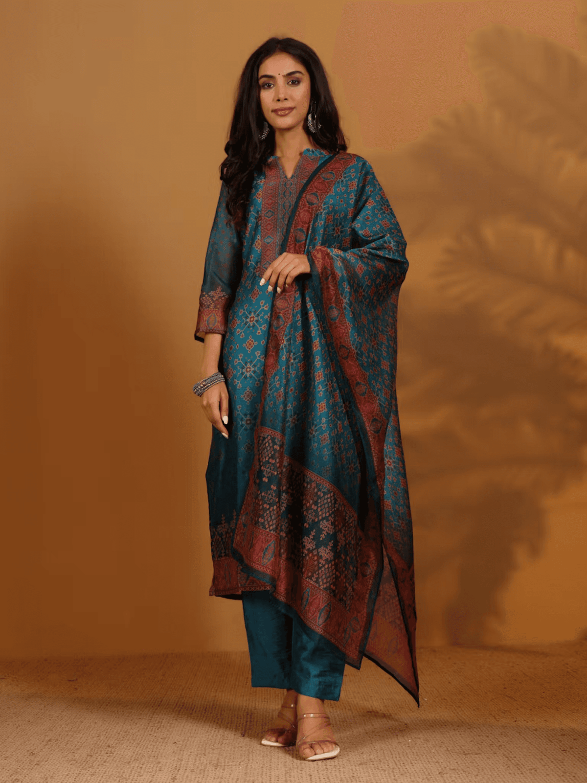 Aromie three piece Patola print kurta set Canada in teal with intricate patterns and matching dupatta