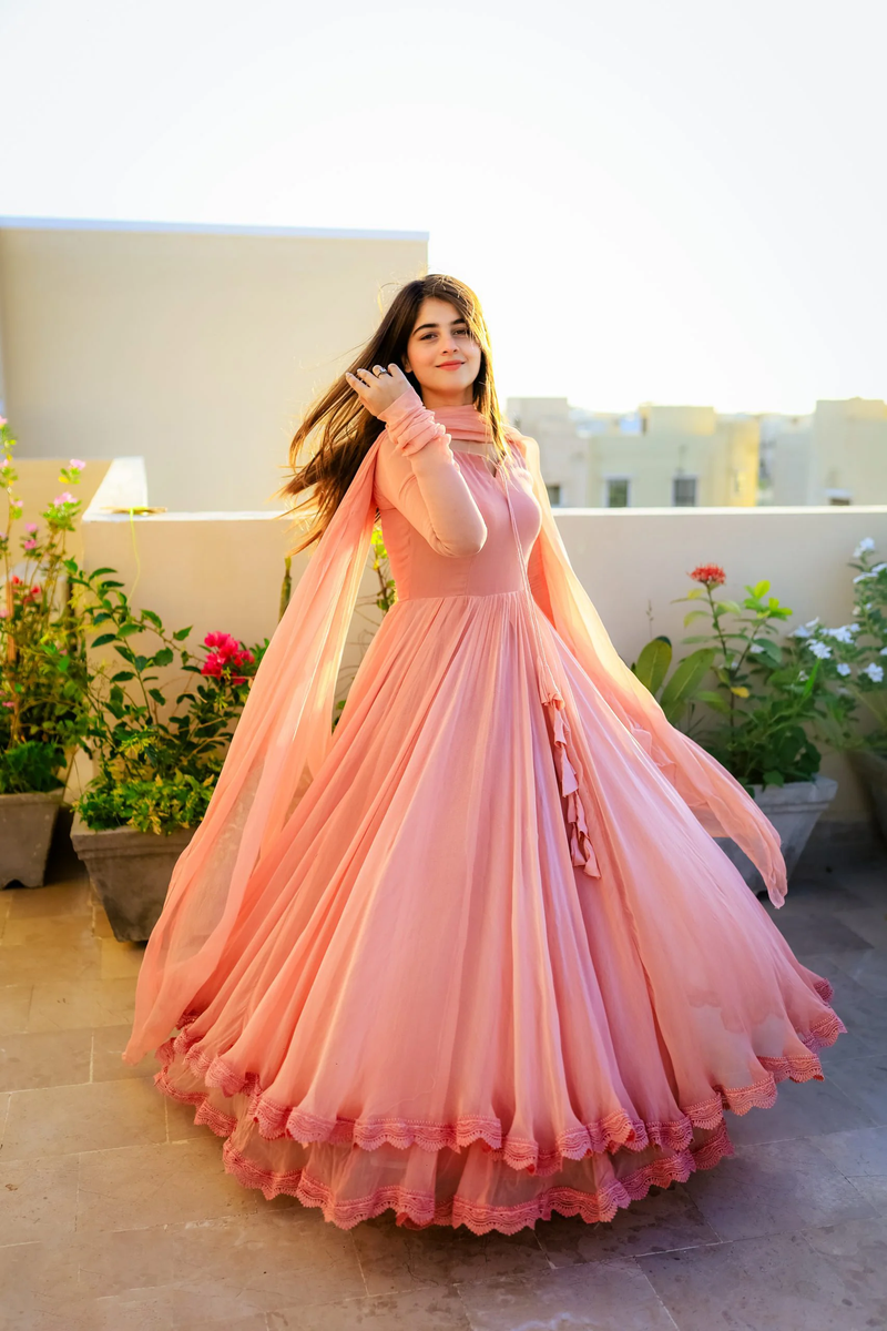 Peach anarkali dress with dupatta from Aromie, made of soft fabric, perfect for weddings or festive occasions
