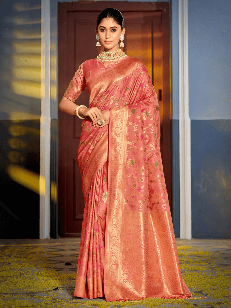 Peach Banarasi Silk Saree with Woven Work & Tassels | Traditional Saree with Unstitched Blouse Canada - aromie