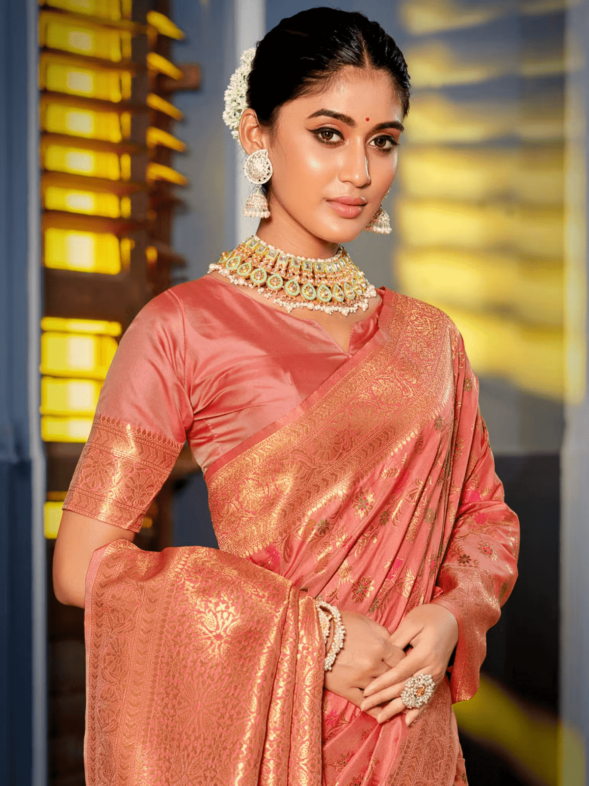 Peach Banarasi Silk Saree with Woven Work & Tassels | Traditional Saree with Unstitched Blouse Canada - aromie