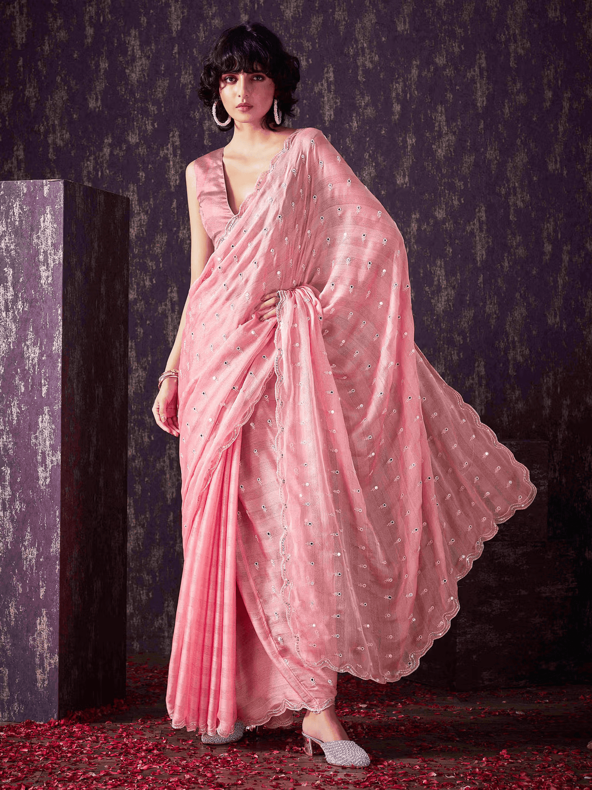Peach Chiffon Mirror Embroidered Saree with Scallop Border | Party Saree with Blouse Material Canada - aromie