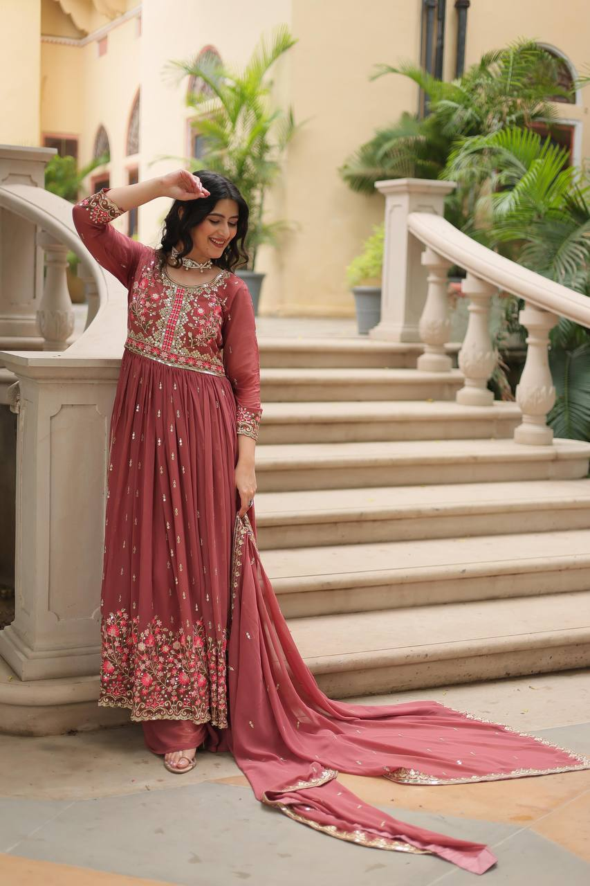 Peach designer sharara suit set featuring floral embroidery, front view, perfect for weddings and festive occasions.
