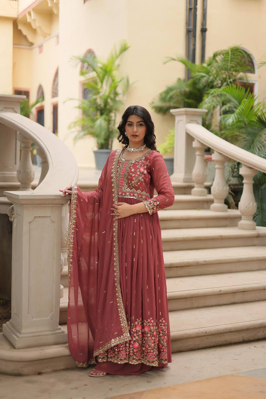 Peach designer sharara suit set in georgette with floral embroidery, perfect for weddings and special occasions