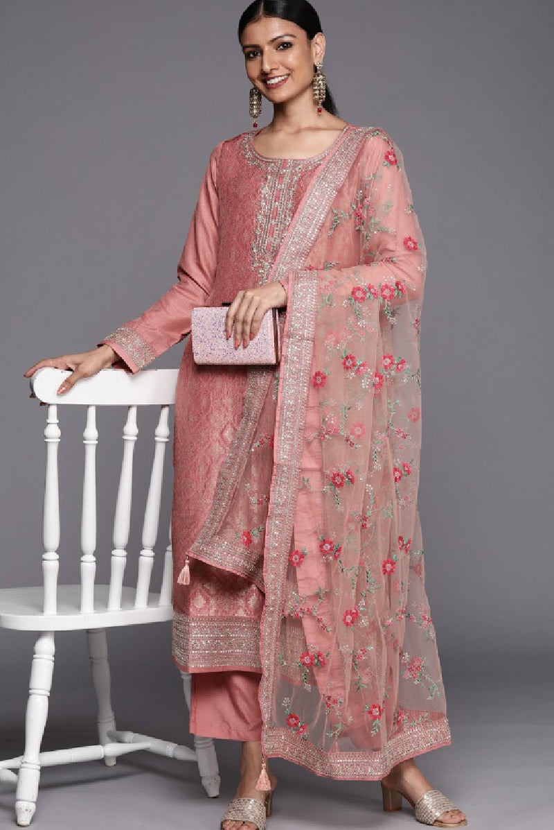 Peach Kurta Set with Trousers - Elegant Three Piece