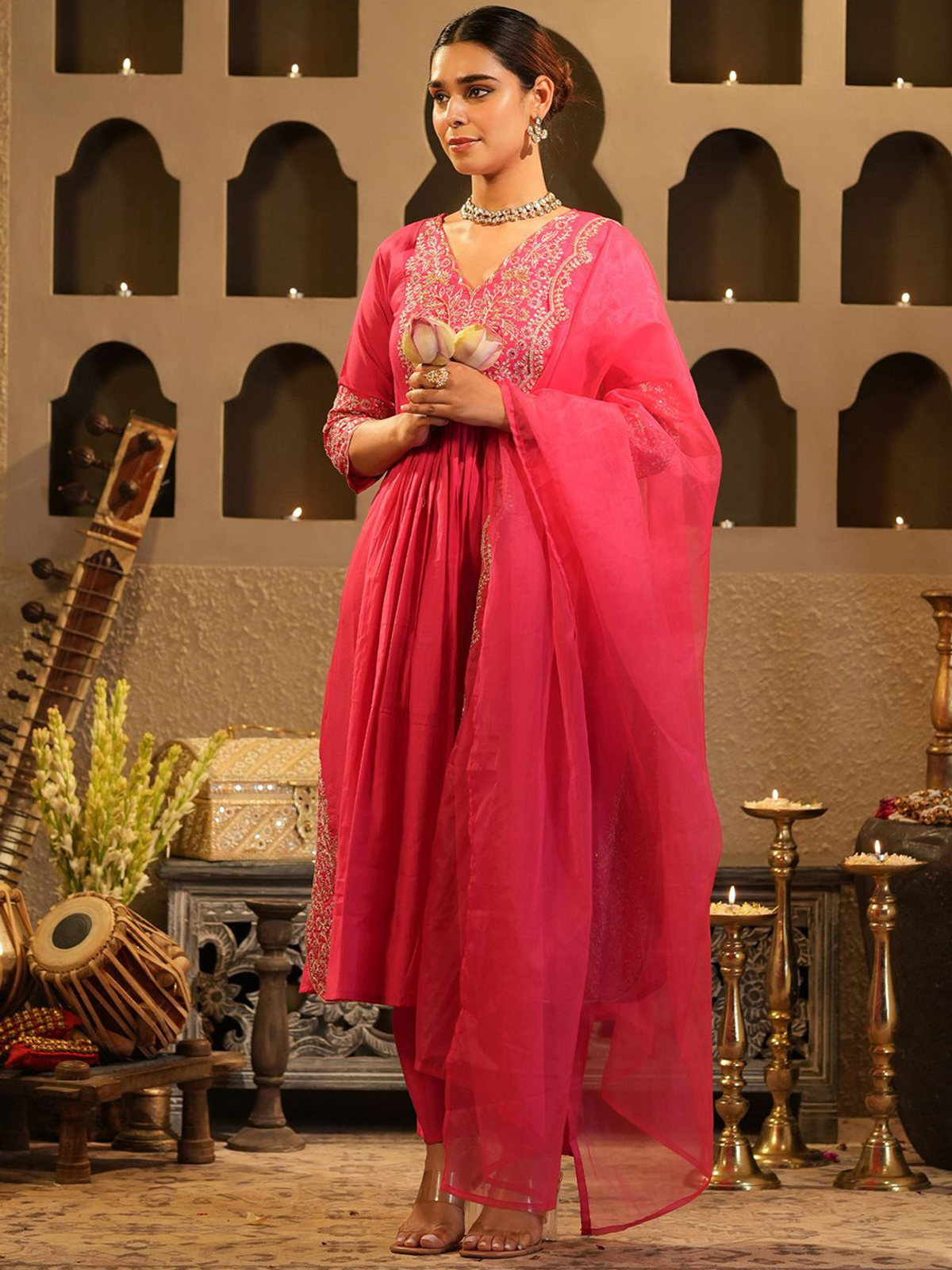 Pink Banarasi Anarkali set by aromie featuring intricate embroidery and flowy chiffon fabric