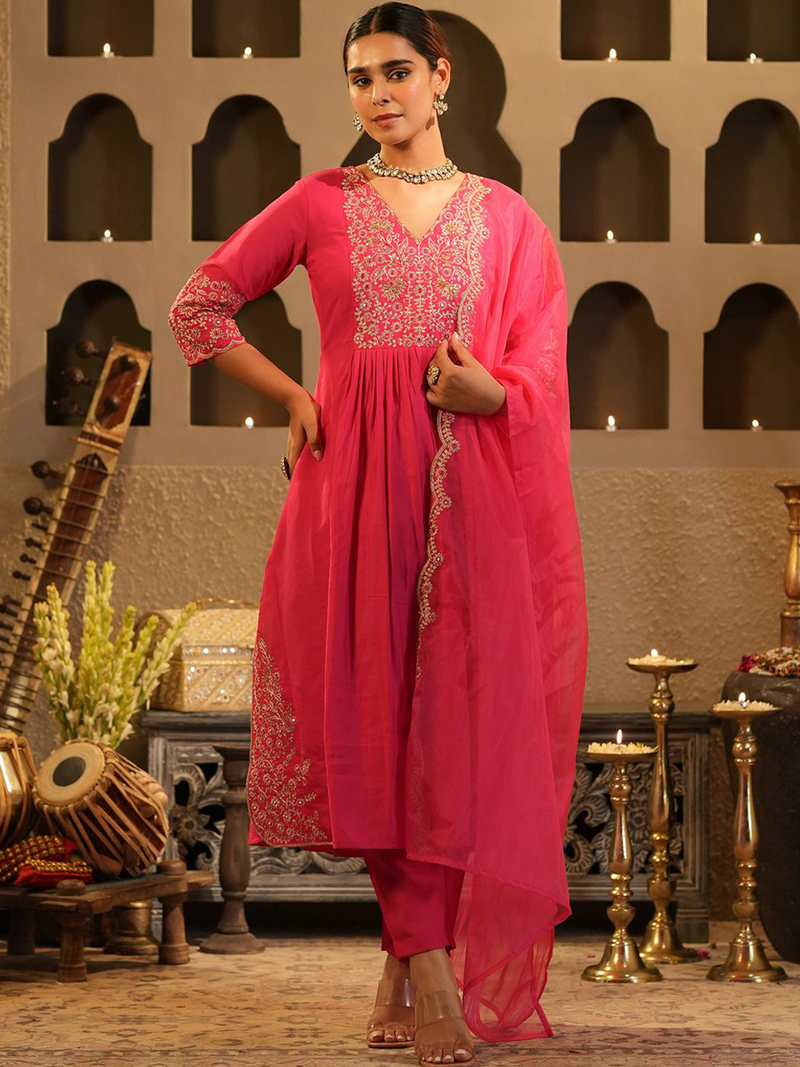 Pink Banarasi Anarkali set from Aromie with intricate embroidery and matching pants