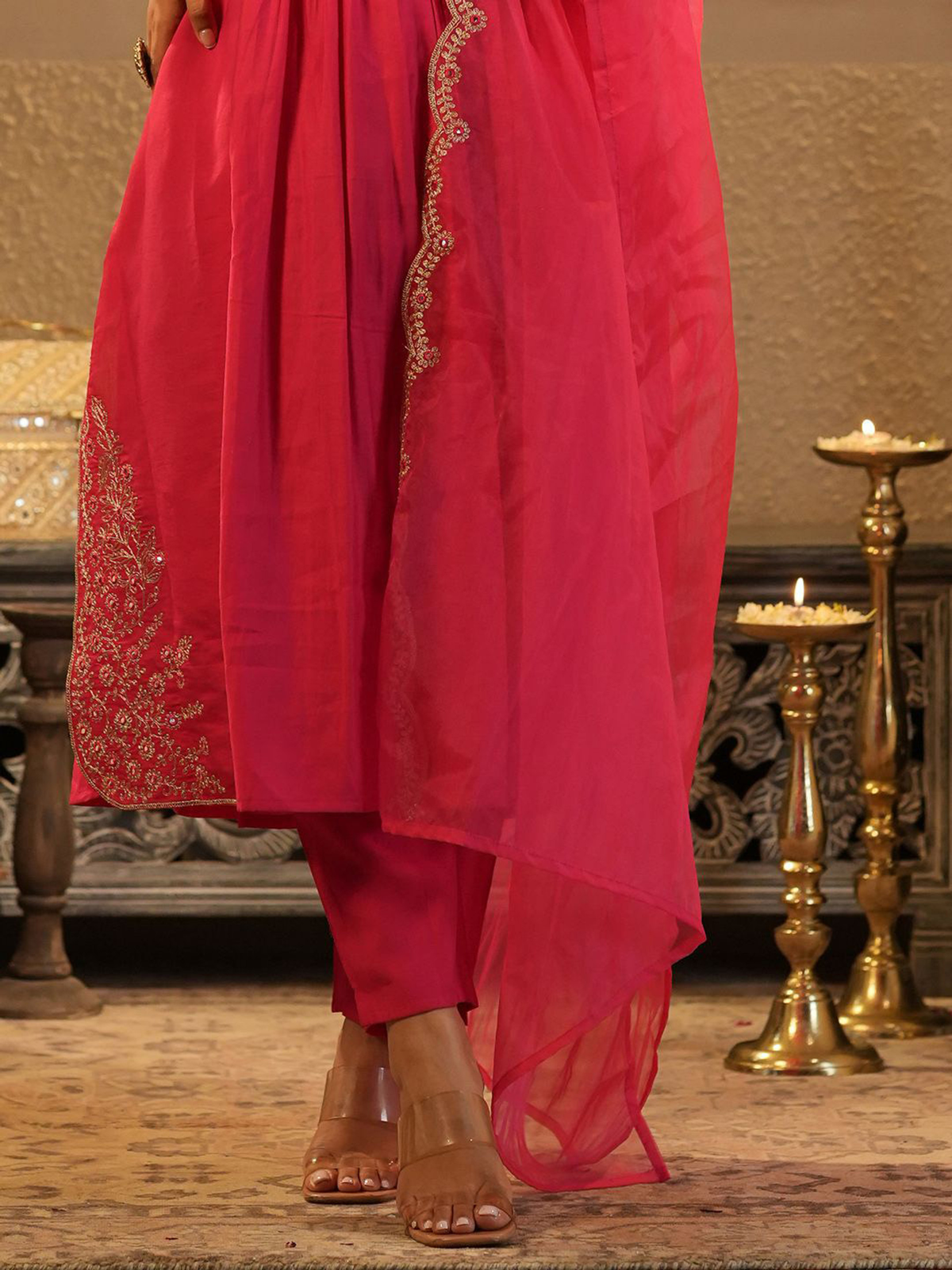 Pink Banarasi Anarkali set featuring intricate embroidery, perfect for festive occasions