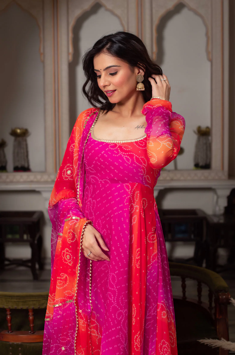 Pink Bandhani Anarkali suit Canada in lightweight fabric, perfect for festive occasions, showcasing elegant details