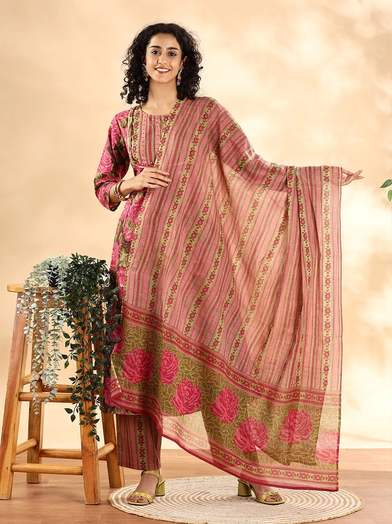 Front view of a pink embroidered kurta set online Canada, featuring delicate floral patterns and lightweight fabric, ideal for festive occasions.