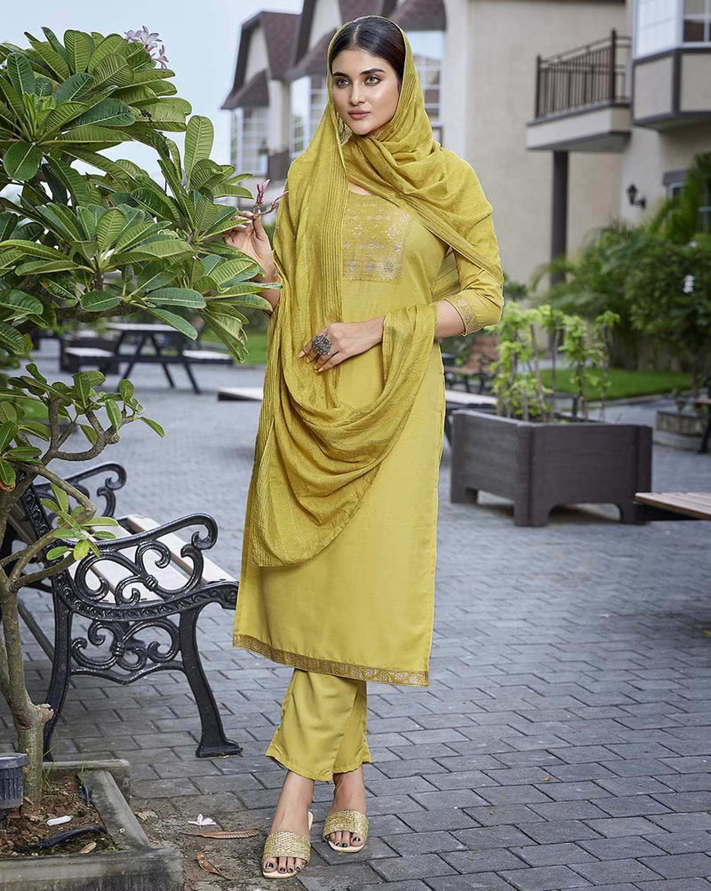 Elegant three piece Kurta set in vibrant yellow, perfect for festive occasions and traditional wear