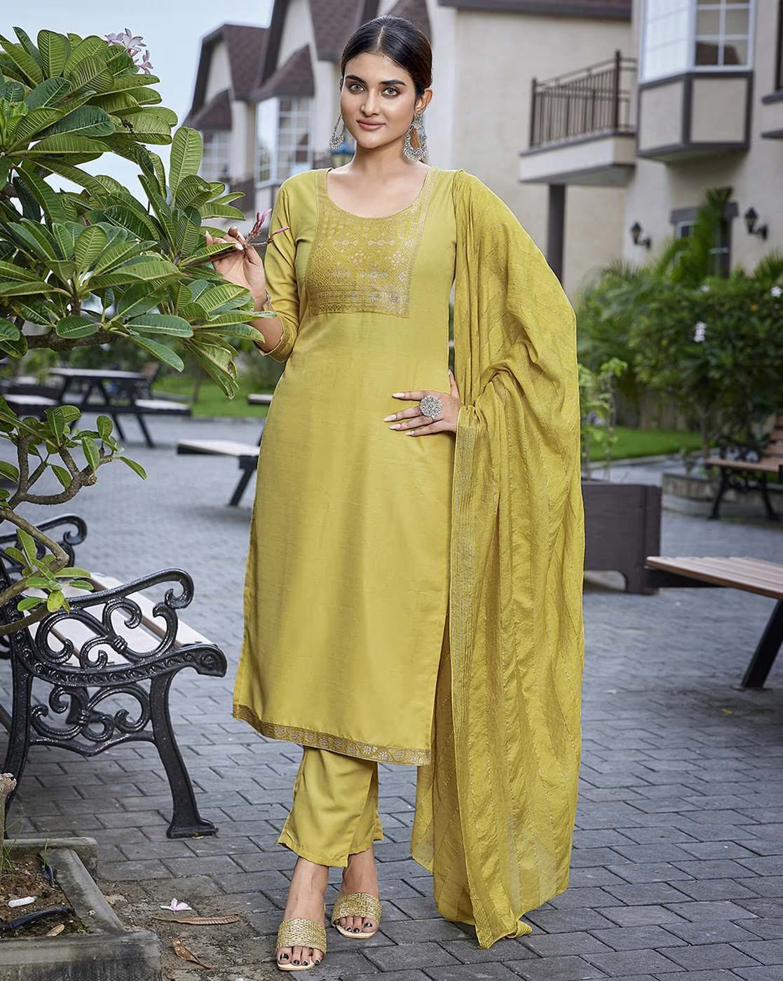 Aromie three piece kurta set in mustard yellow with elegant design, perfect for festive occasions
