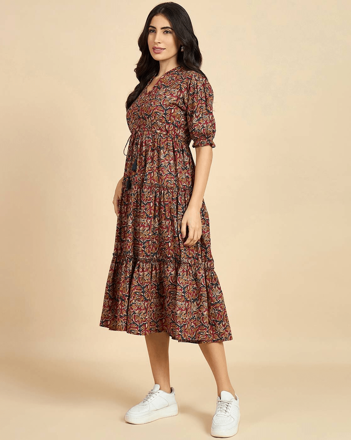"Pink Floral A - Line Cotton Dress for Women | Extended Sleeve Casual Summer Dress" - aromie