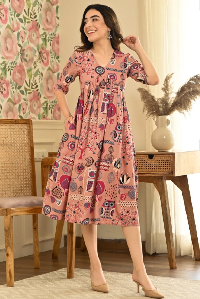 Pink Floral A-Line Midi Dress for Women
