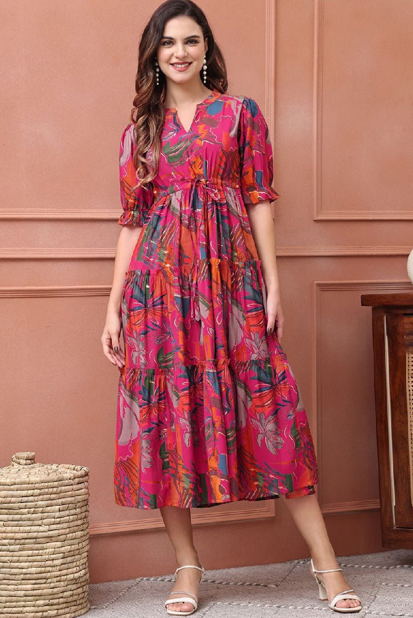 Pink Floral Fit and Flare Midi Dress – Puff Sleeve Polysilk Casual Wear for Women - aromie