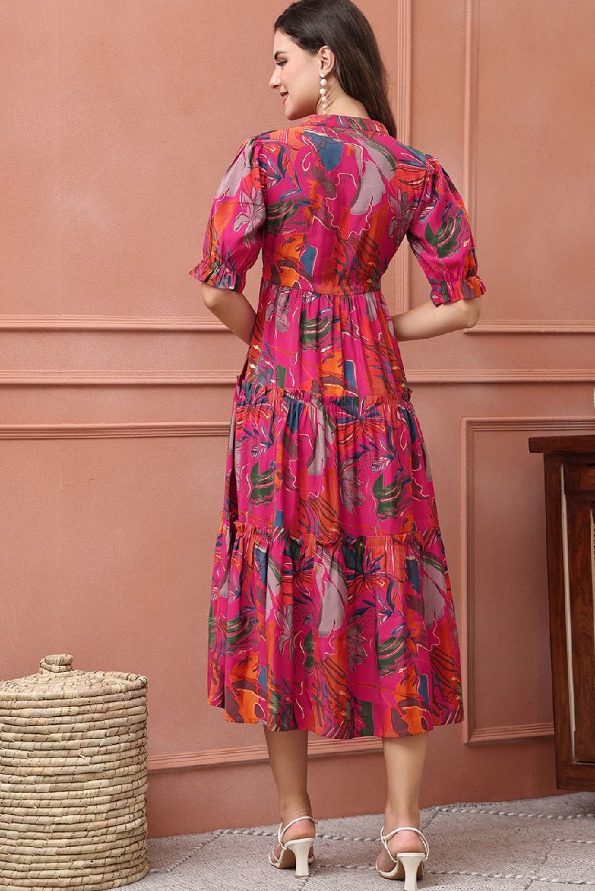 Pink Floral Fit and Flare Midi Dress – Puff Sleeve Polysilk Casual Wear for Women - aromie