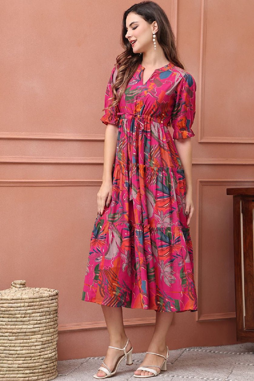 Pink Floral Fit and Flare Midi Dress – Puff Sleeve Polysilk Casual Wear for Women - aromie
