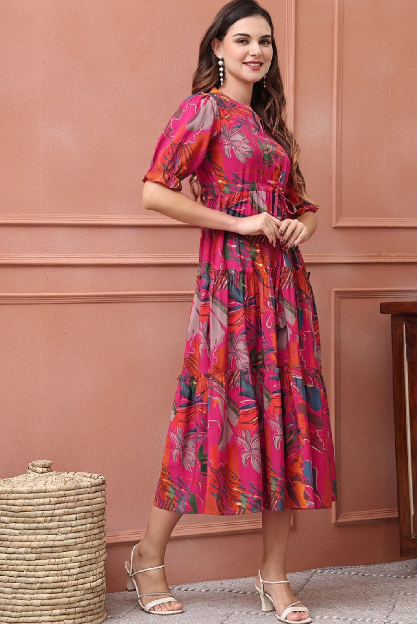 Pink Floral Fit and Flare Midi Dress – Puff Sleeve Polysilk Casual Wear for Women - aromie