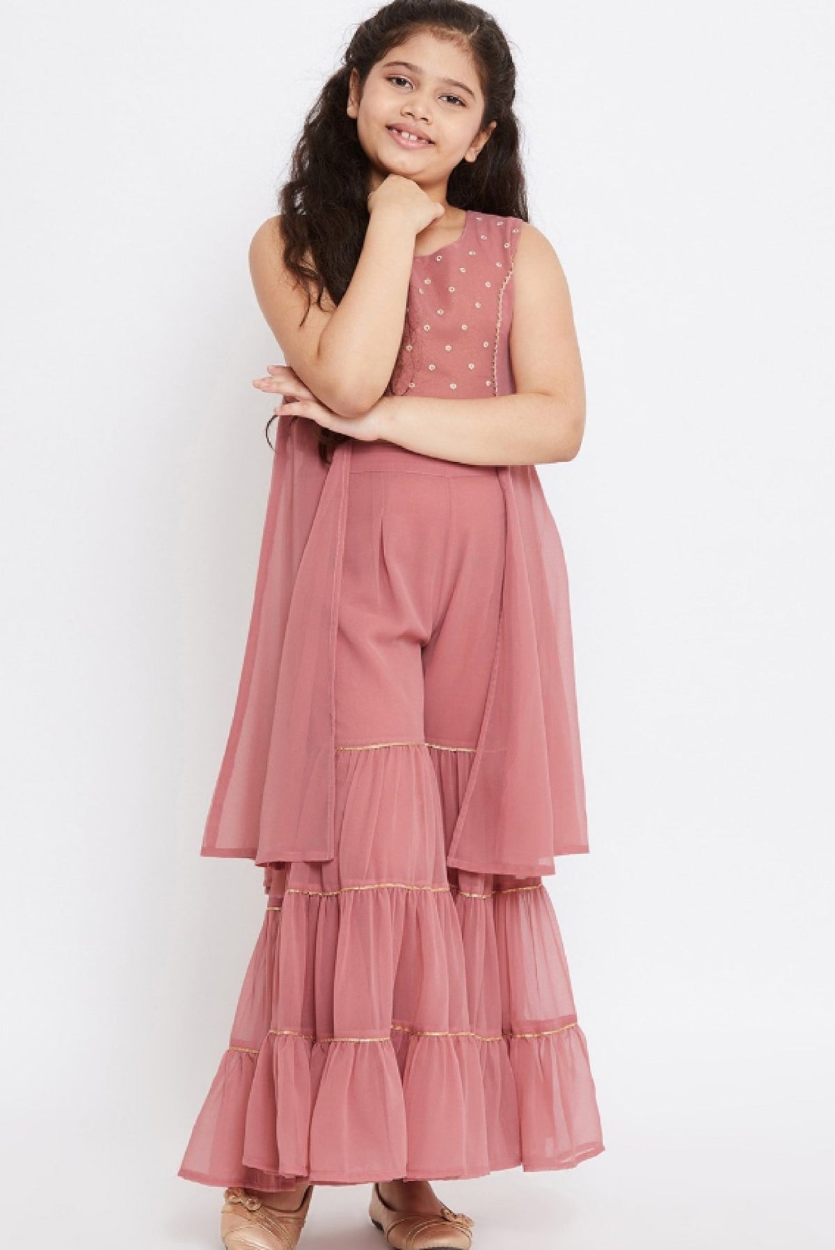 Aromie Pink Girls Kurta Set with Ruffle Pants