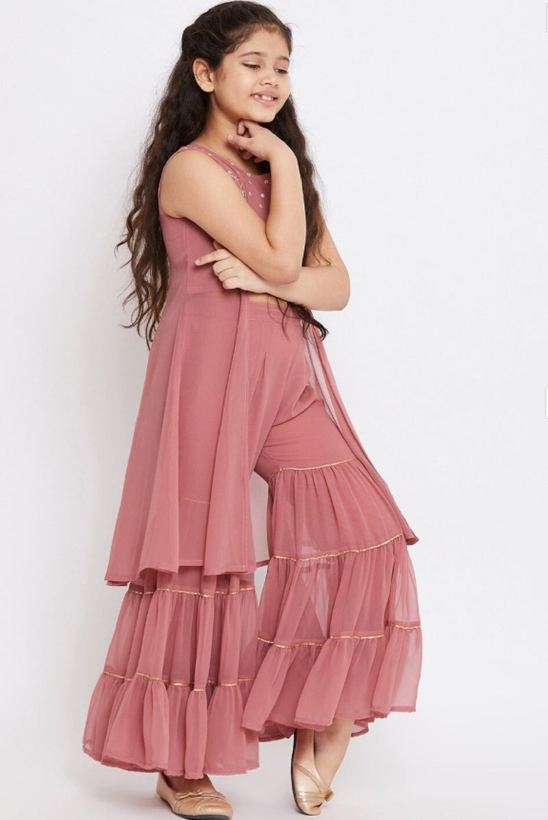 Aromie Pink Girls Kurta Set with Ruffle Pants